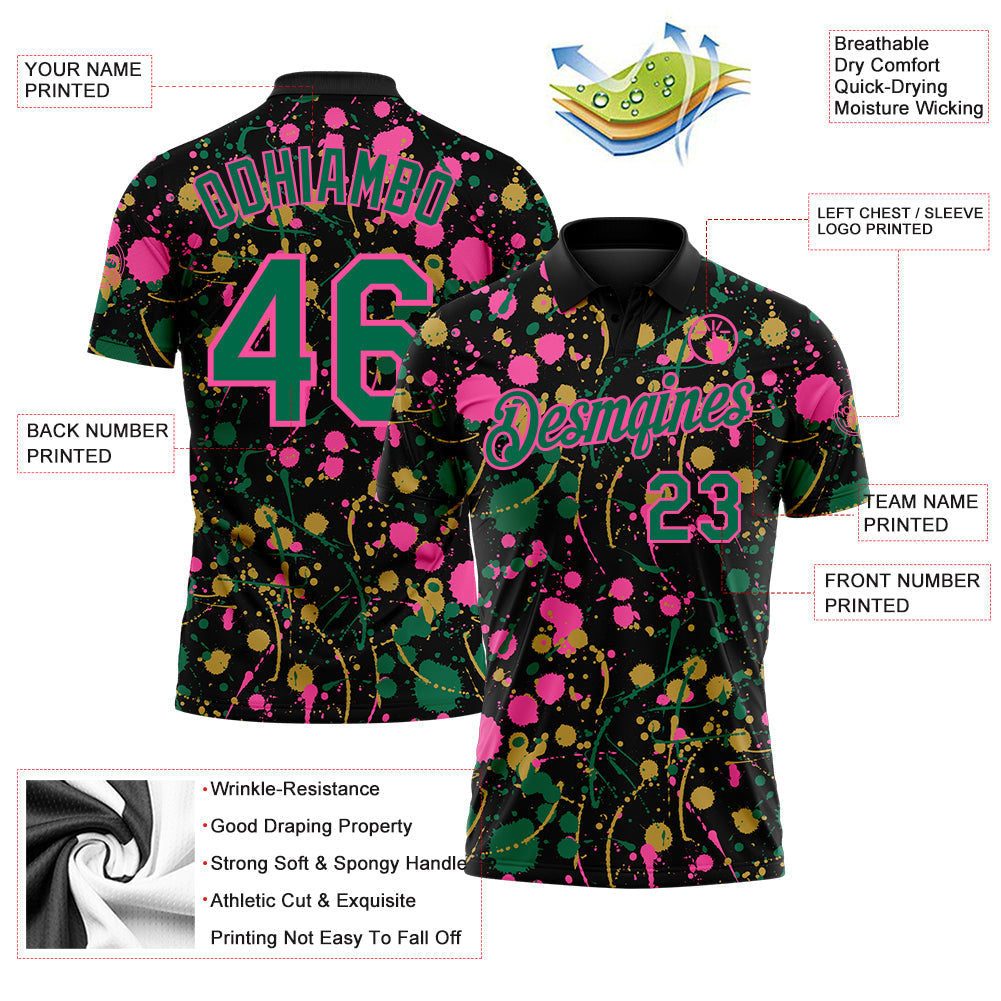 Custom Graffiti Pattern Kelly Green Black Pink-Old Gold Vibrant Multi-Color Abstract Splatter Performance Polo Shirt view 3