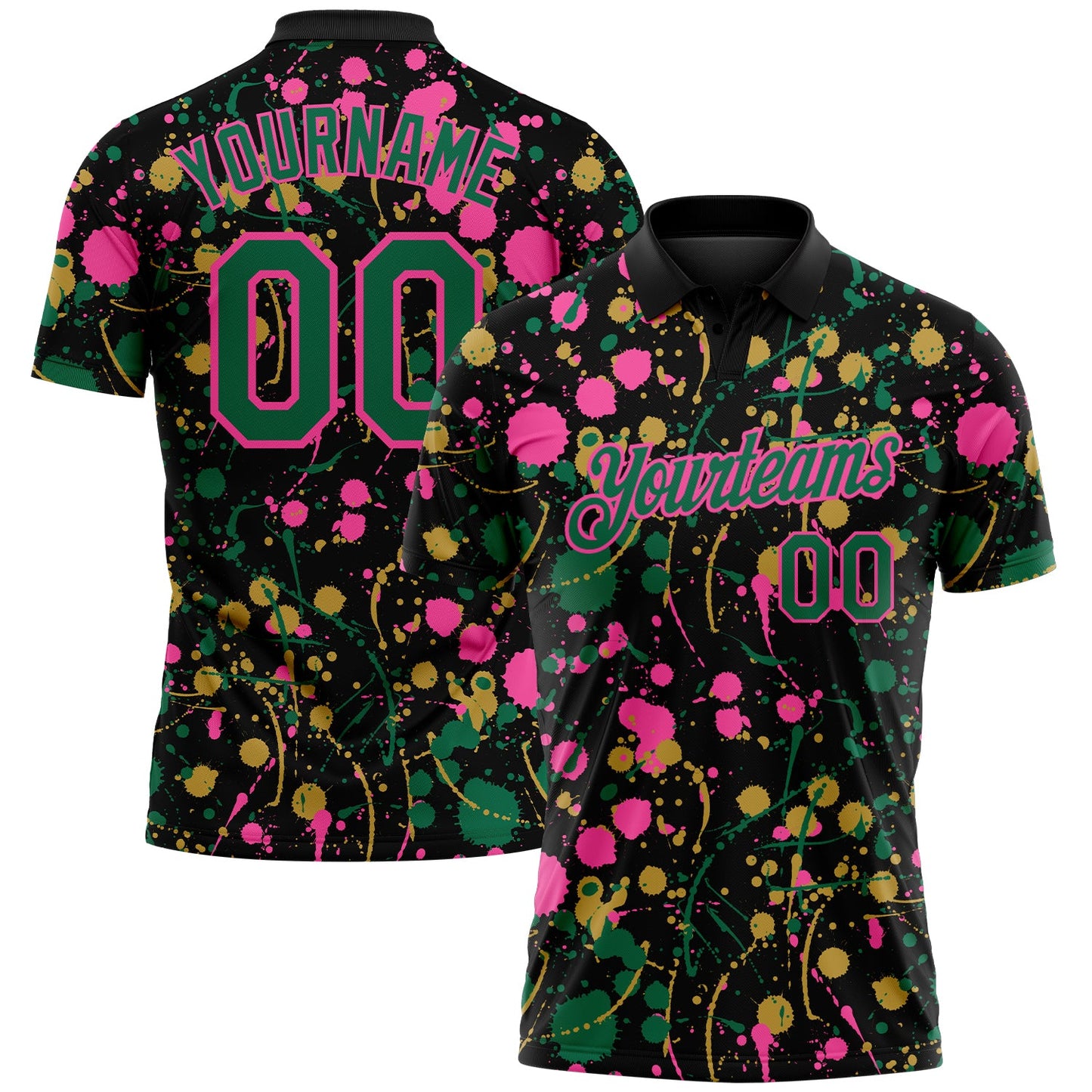 Custom Graffiti Pattern Kelly Green Black Pink-Old Gold Vibrant Multi-Color Abstract Splatter Performance Polo Shirt - Main View