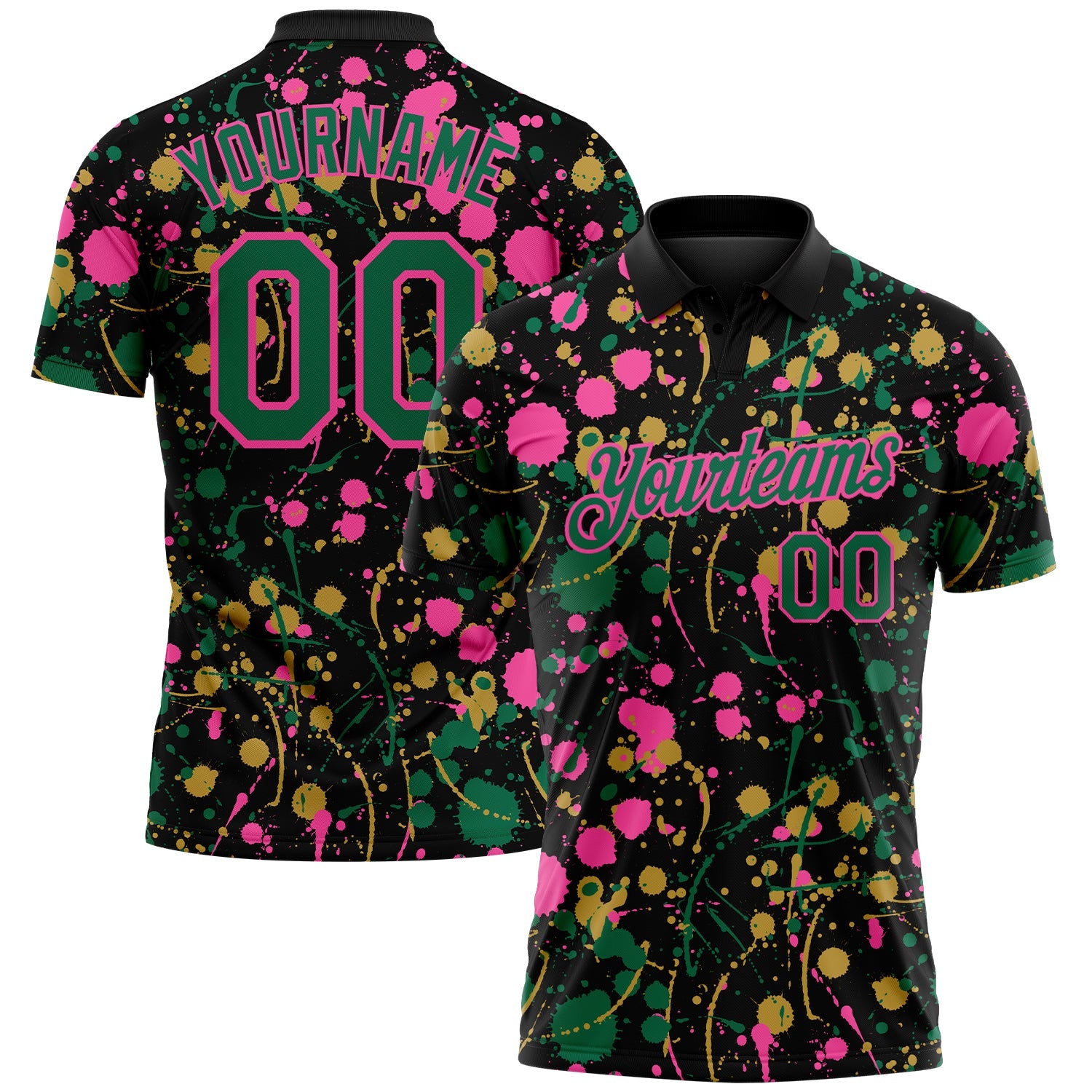 Custom Graffiti Pattern Kelly Green Black Pink-Old Gold Vibrant Multi-Color Abstract Splatter Performance Polo Shirt - Main View