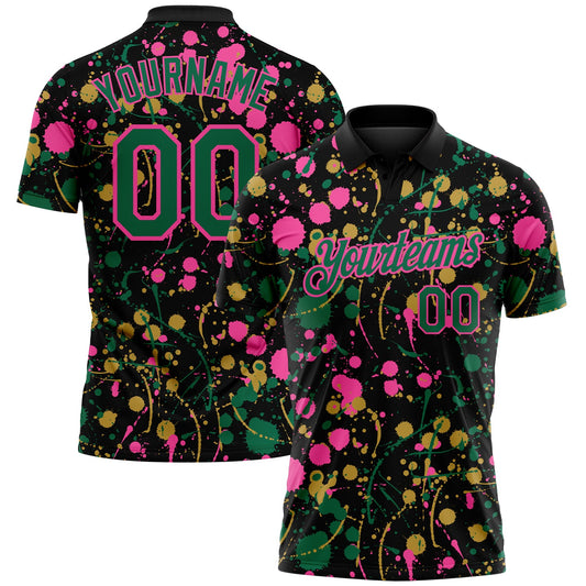 Custom Graffiti Pattern Kelly Green Black Pink-Old Gold Vibrant Multi-Color Abstract Splatter Performance Polo Shirt - Main View