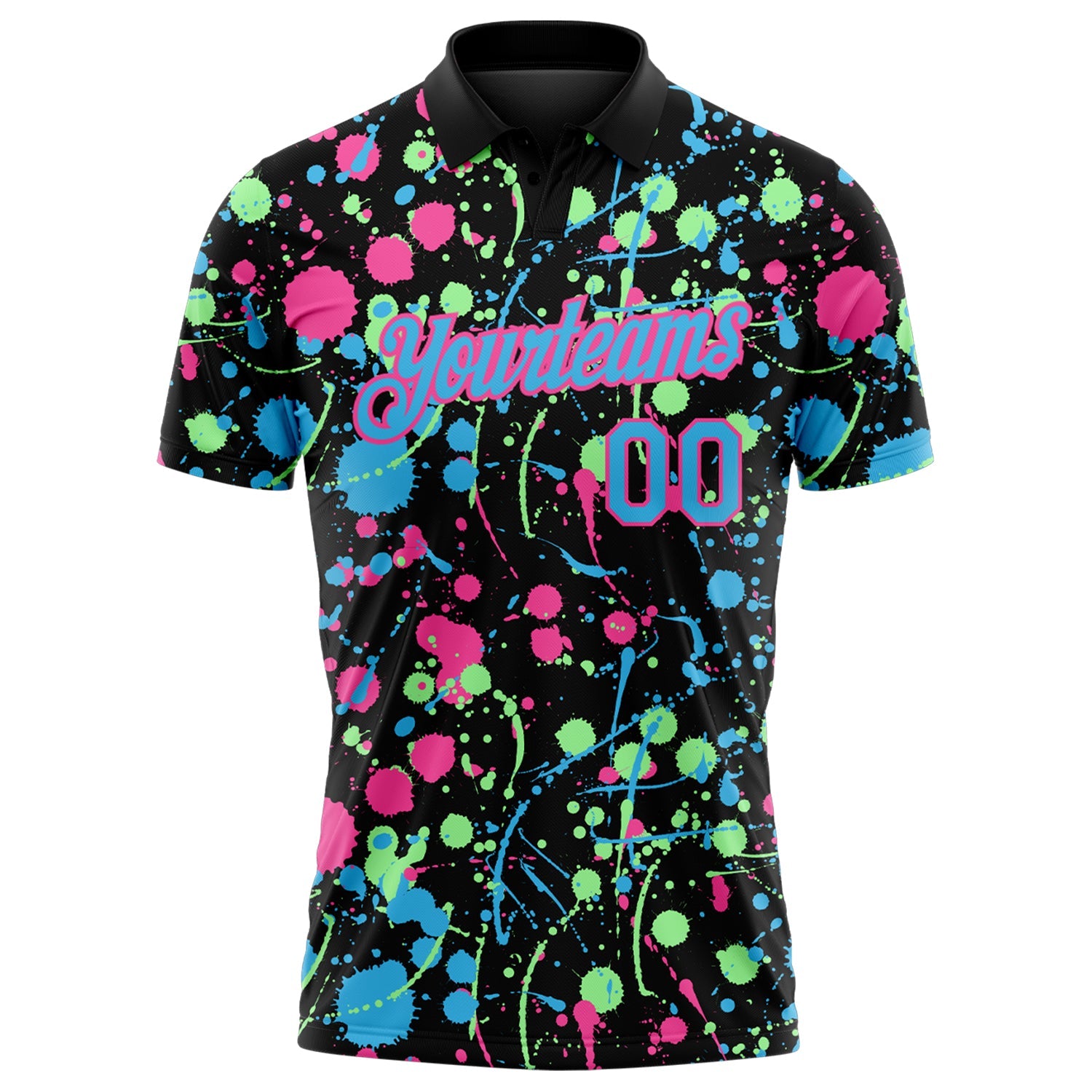Custom Graffiti Pattern Sky Blue Black Pink-Pea Green Vibrant Multi-Color Abstract Splatter Performance Polo Shirt view 2