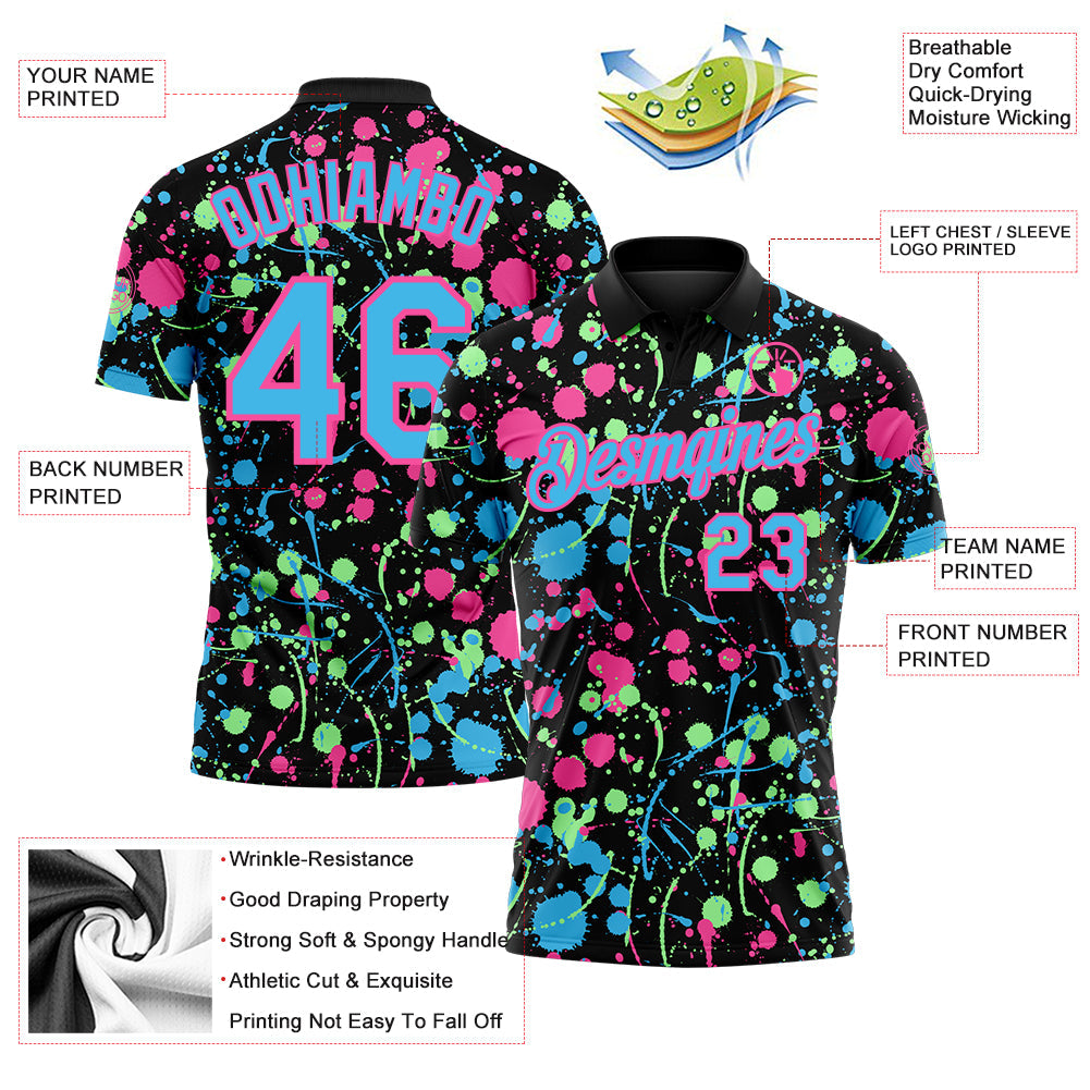 Custom Graffiti Pattern Sky Blue Black Pink-Pea Green Vibrant Multi-Color Abstract Splatter Performance Polo Shirt view 3