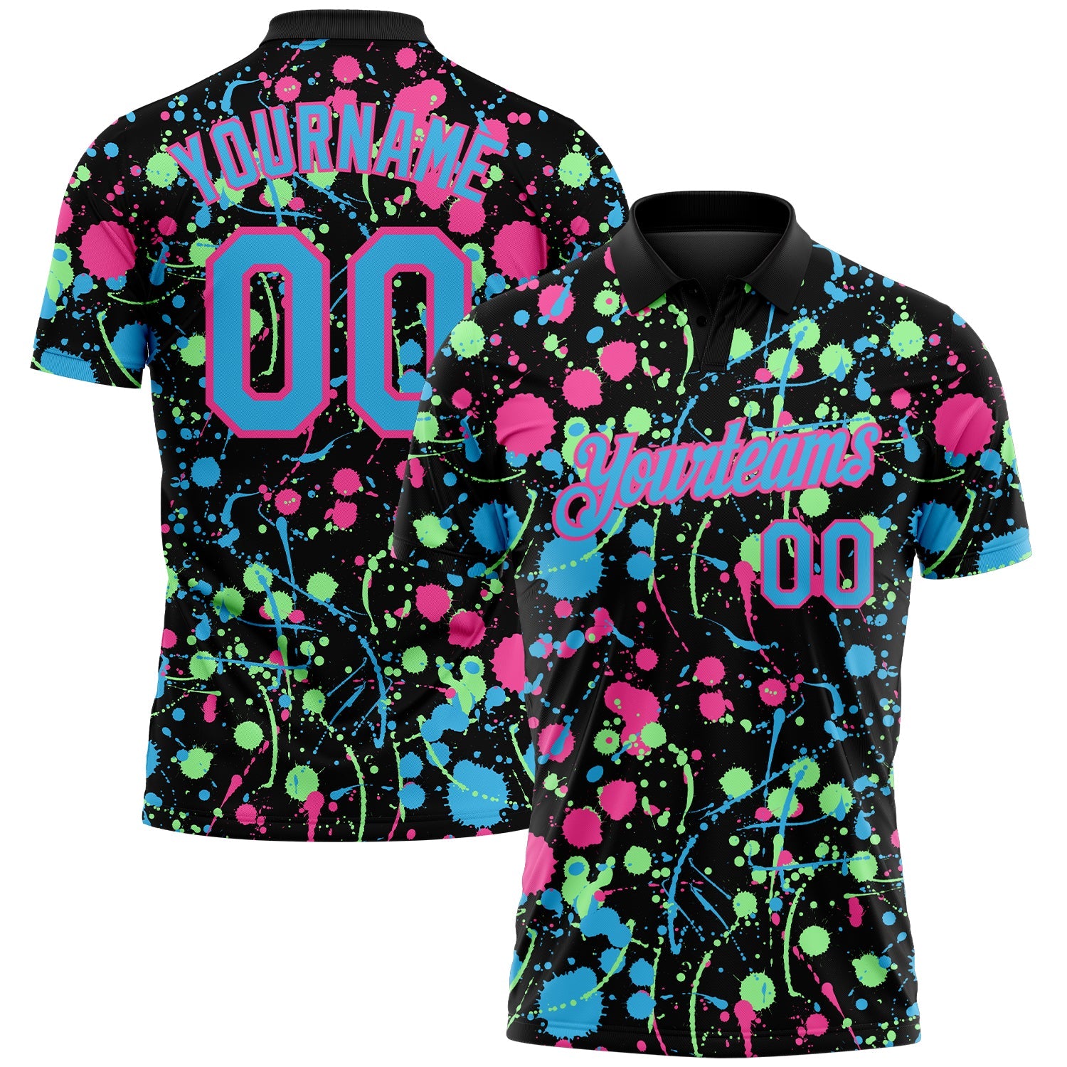 Custom Graffiti Pattern Sky Blue Black Pink-Pea Green Vibrant Multi-Color Abstract Splatter Performance Polo Shirt - Main View
