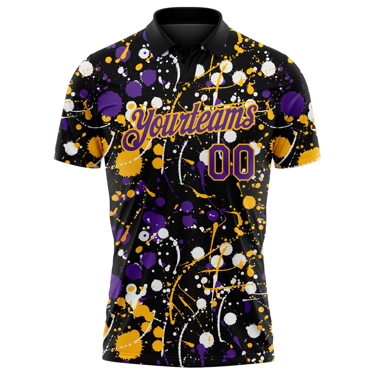 Custom Graffiti Pattern Purple Black Gold-White Vibrant Multi-Color Abstract Splatter Performance Polo Shirt view 2