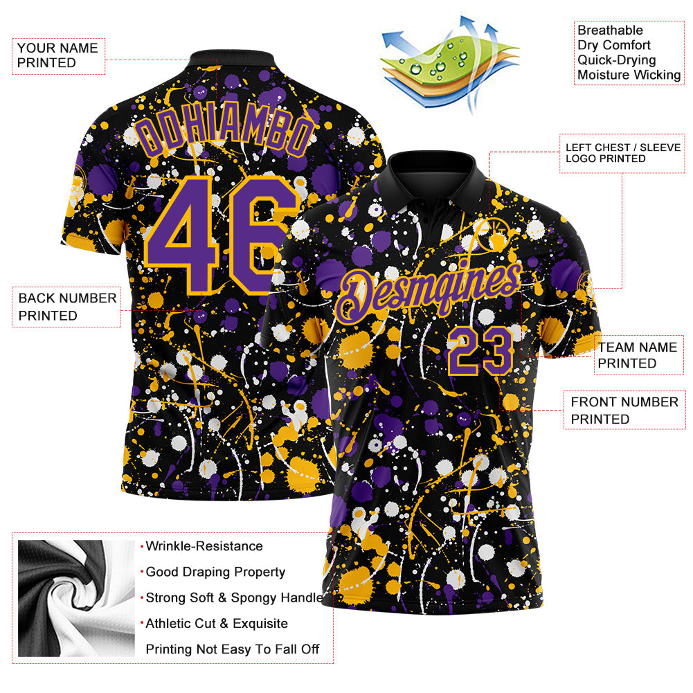 Custom Graffiti Pattern Purple Black Gold-White Vibrant Multi-Color Abstract Splatter Performance Polo Shirt view 3