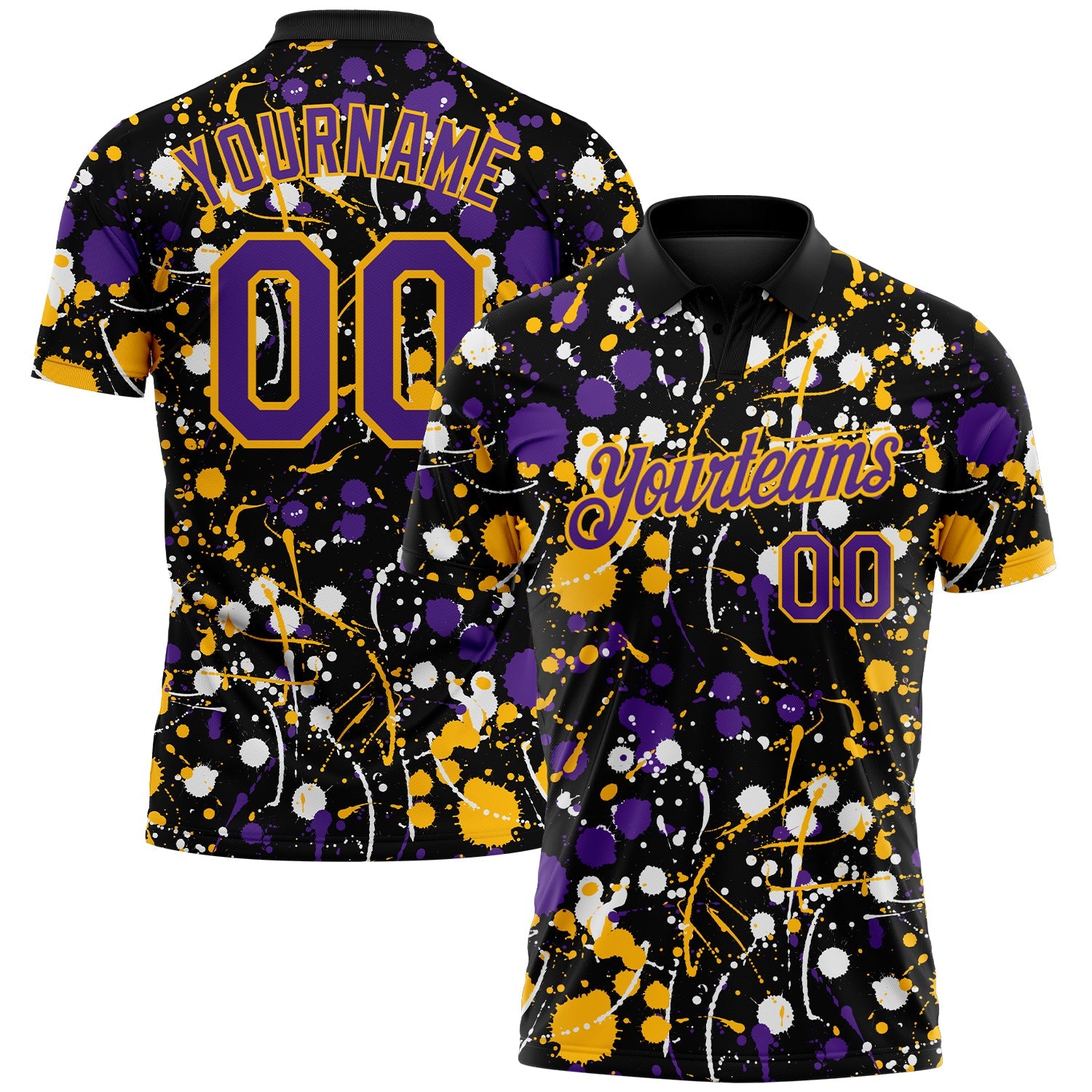 Custom Graffiti Pattern Purple Black Gold-White Vibrant Multi-Color Abstract Splatter Performance Polo Shirt - Main View