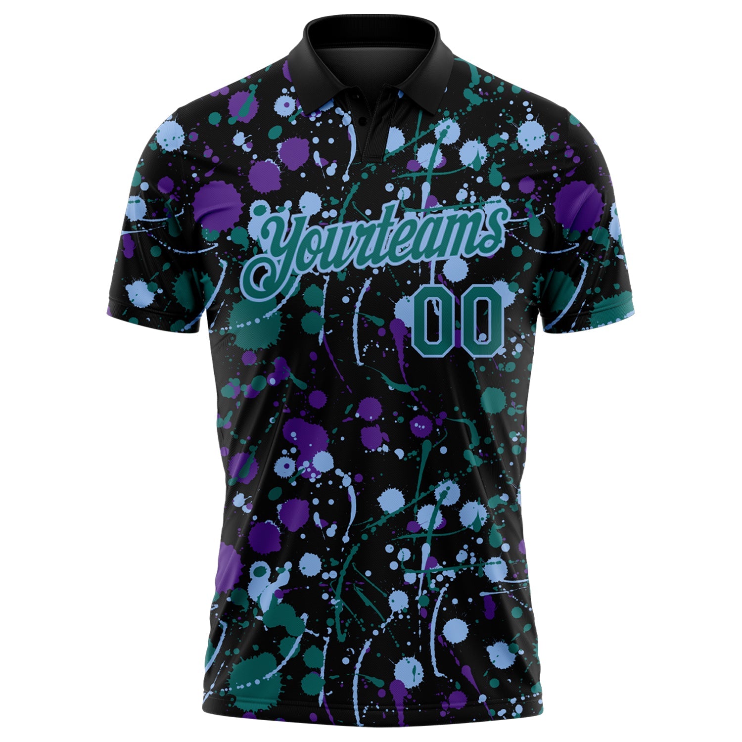 Custom Graffiti Pattern Teal Black Purple-Light Blue Vibrant Multi-Color Abstract Splatter Performance Polo Shirt view 2