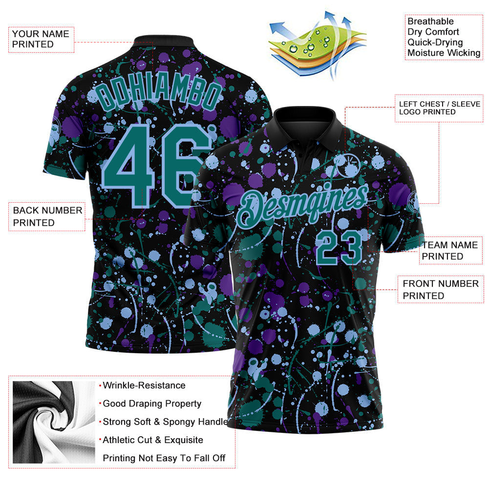 Custom Graffiti Pattern Teal Black Purple-Light Blue Vibrant Multi-Color Abstract Splatter Performance Polo Shirt view 3