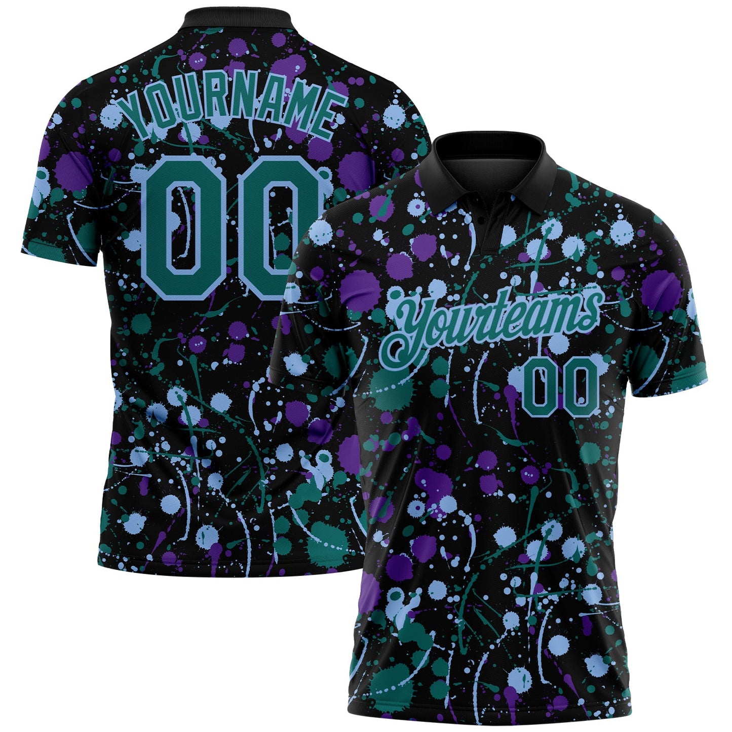 Custom Graffiti Pattern Teal Black Purple-Light Blue Vibrant Multi-Color Abstract Splatter Performance Polo Shirt - Main View