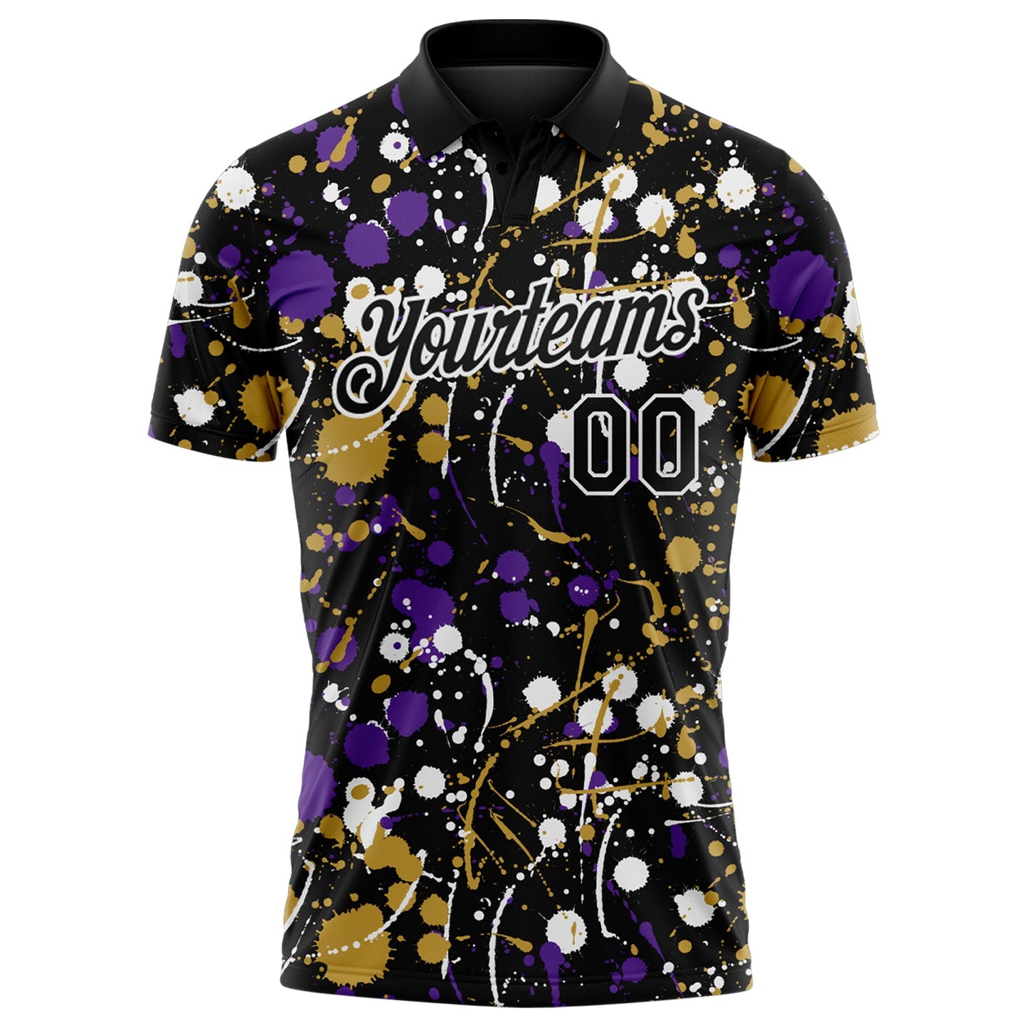 Custom Graffiti Pattern Black Purple Old Gold-White Vibrant Multi-Color Abstract Splatter Performance Polo Shirt view 2