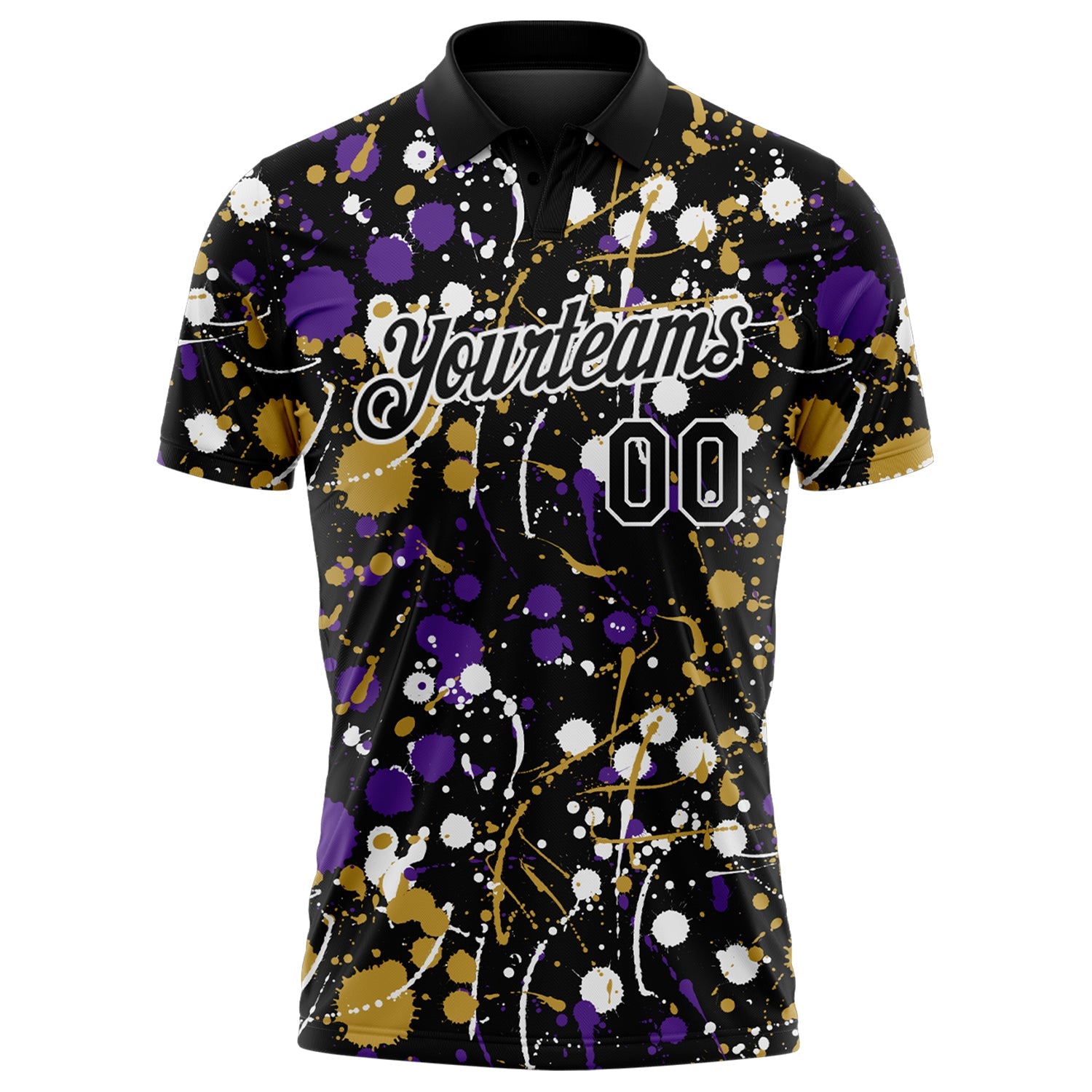 Custom Graffiti Pattern Black Purple Old Gold-White Vibrant Multi-Color Abstract Splatter Performance Polo Shirt view 2