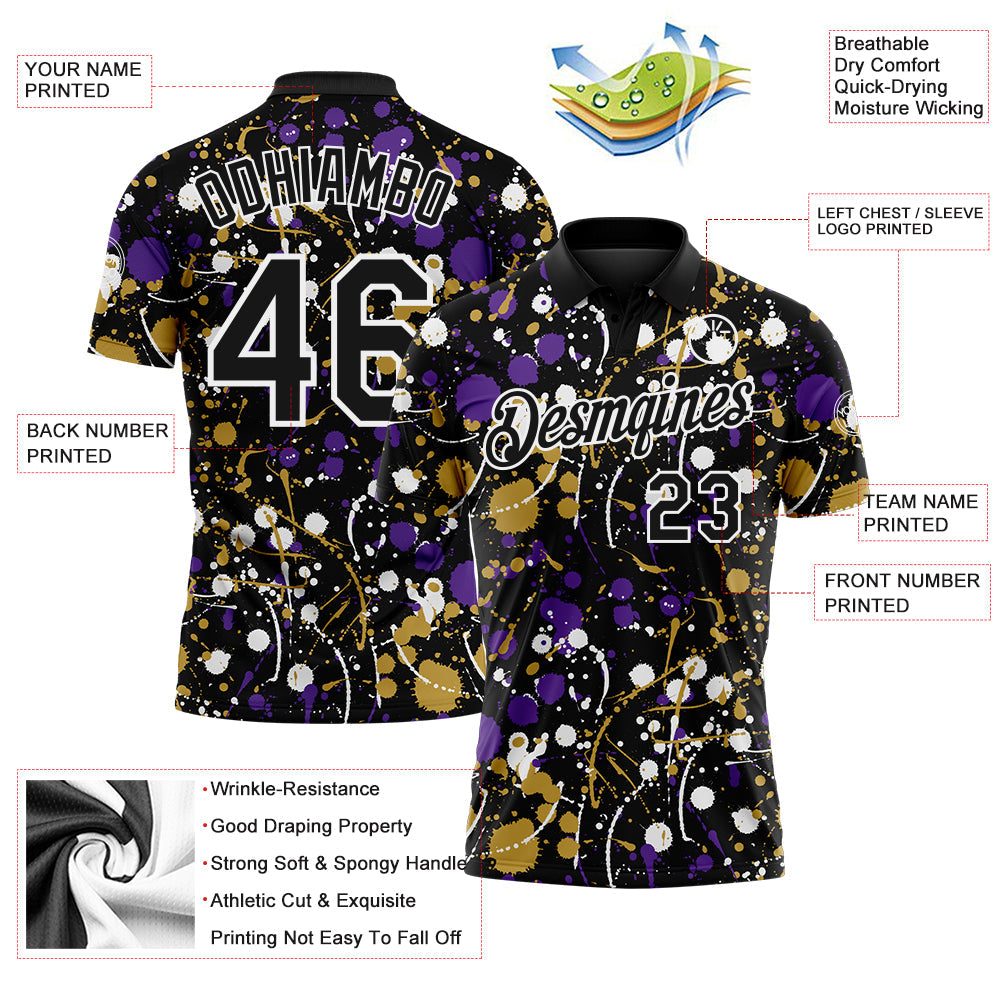 Custom Graffiti Pattern Black Purple Old Gold-White Vibrant Multi-Color Abstract Splatter Performance Polo Shirt view 3