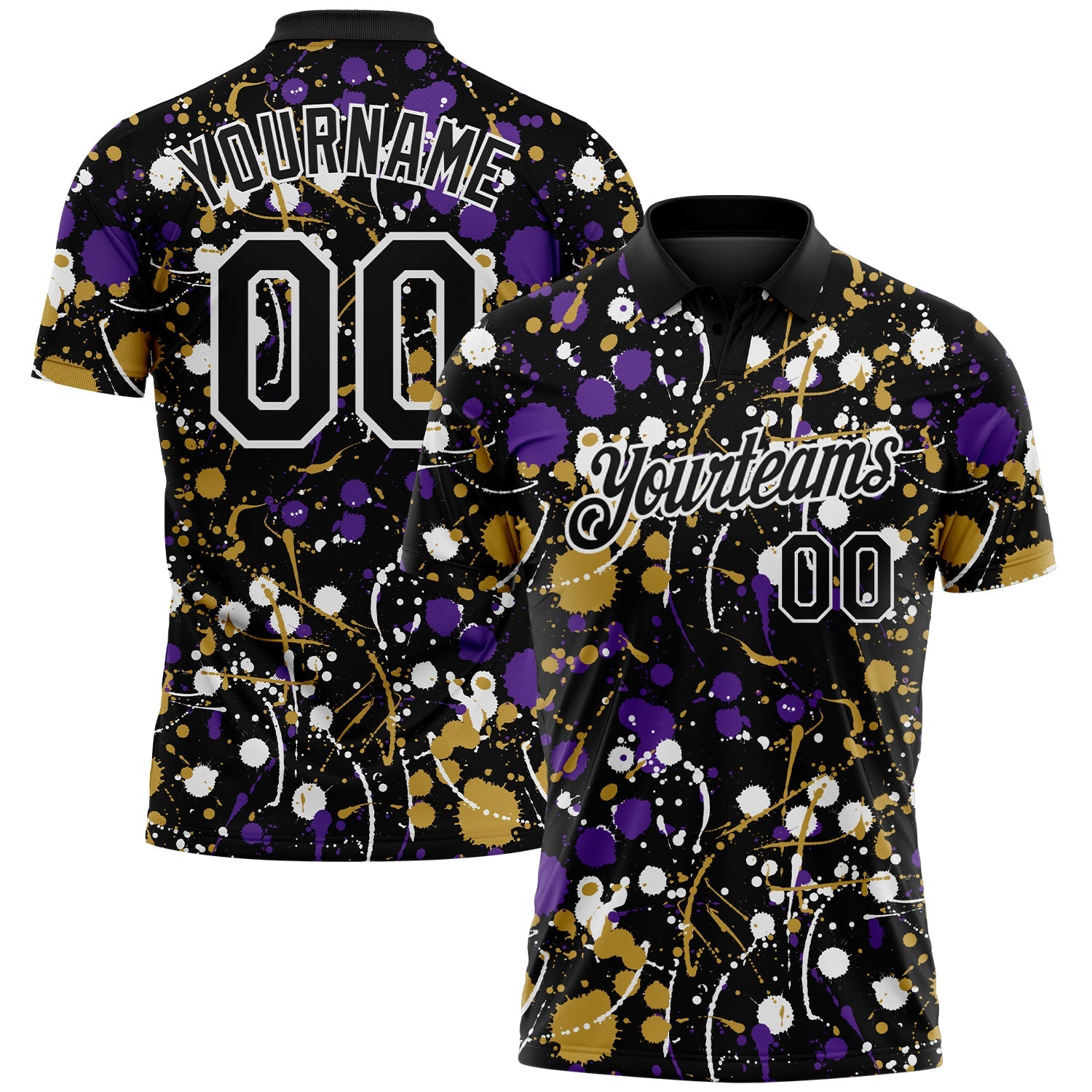 Custom Graffiti Pattern Black Purple Old Gold-White Vibrant Multi-Color Abstract Splatter Performance Polo Shirt - Main View