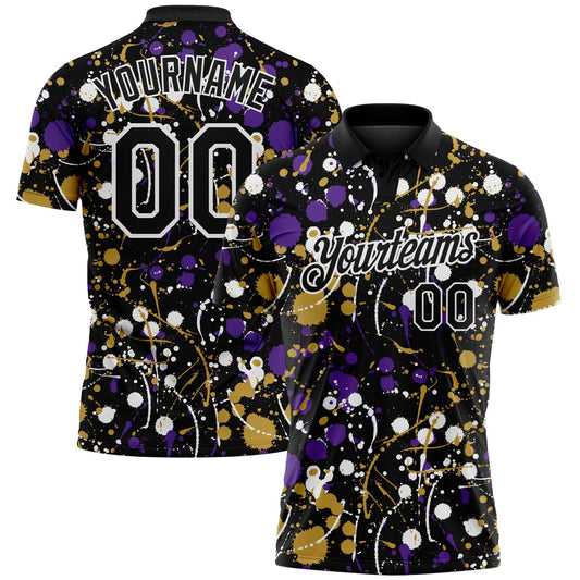 Custom Graffiti Pattern Black Purple Old Gold-White Vibrant Multi-Color Abstract Splatter Performance Polo Shirt - Main View