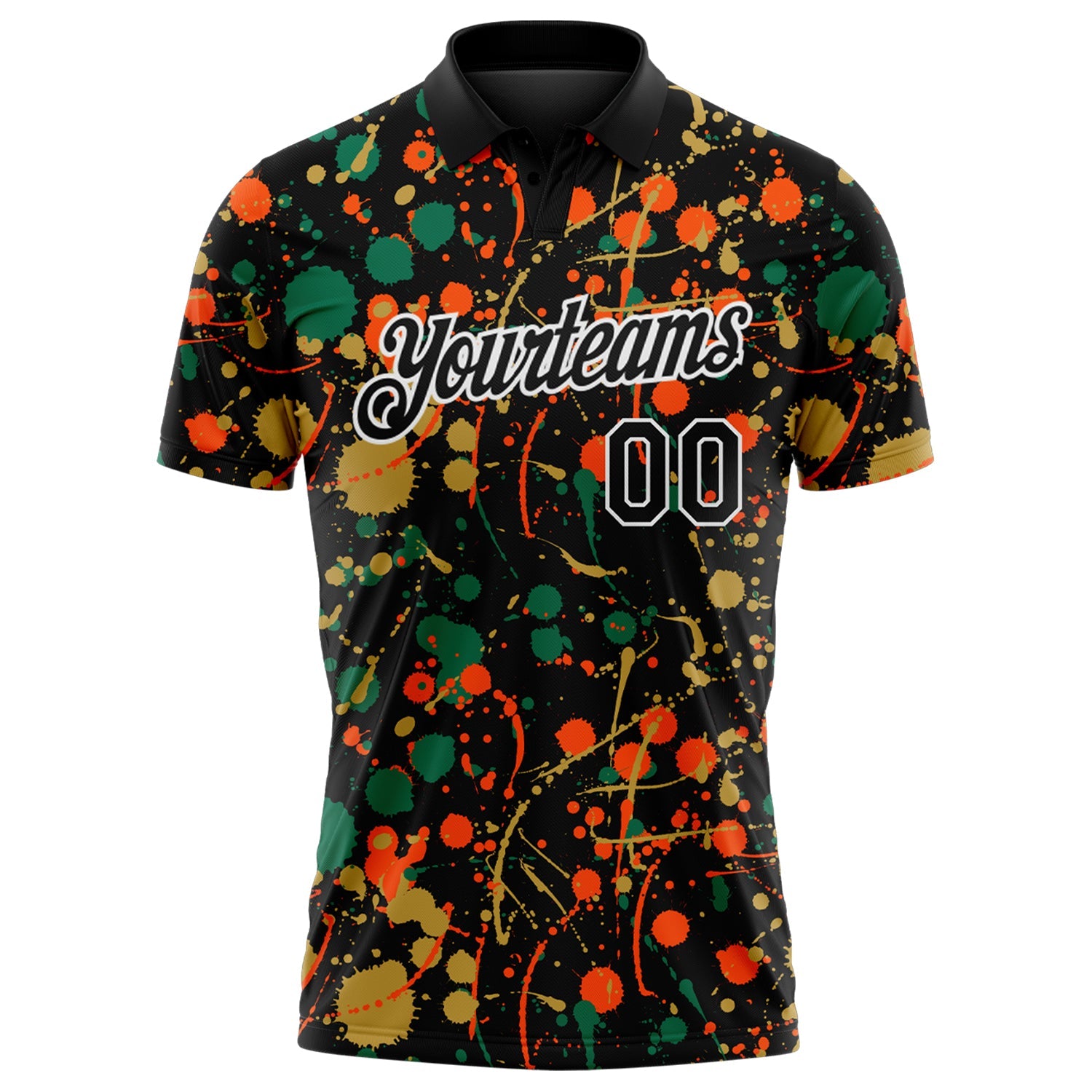 Custom Graffiti Pattern Black Kelly Green Old Gold Orange-White Vibrant Multi-Color Abstract Splatter Performance Polo Shirt view 2