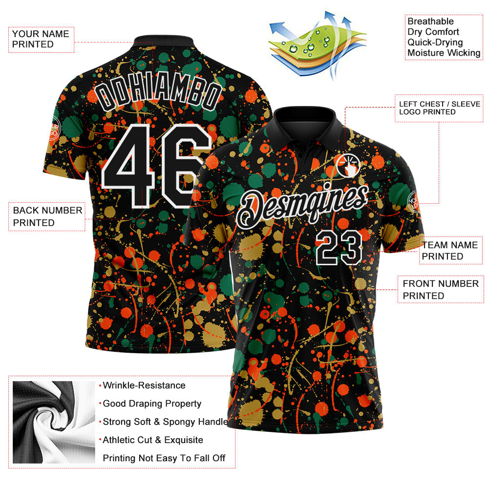 Custom Graffiti Pattern Black Kelly Green Old Gold Orange-White Vibrant Multi-Color Abstract Splatter Performance Polo Shirt view 3