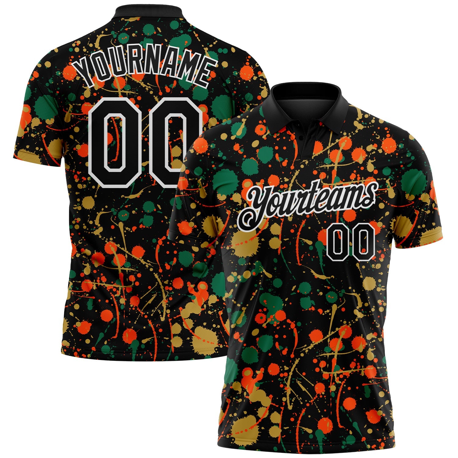 Custom Graffiti Pattern Black Kelly Green Old Gold Orange-White Vibrant Multi-Color Abstract Splatter Performance Polo Shirt - Main View