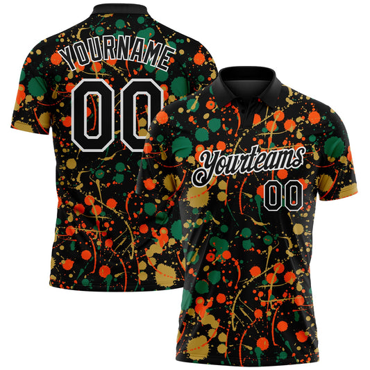 Custom Graffiti Pattern Black Kelly Green Old Gold Orange-White Vibrant Multi-Color Abstract Splatter Performance Polo Shirt - Main View
