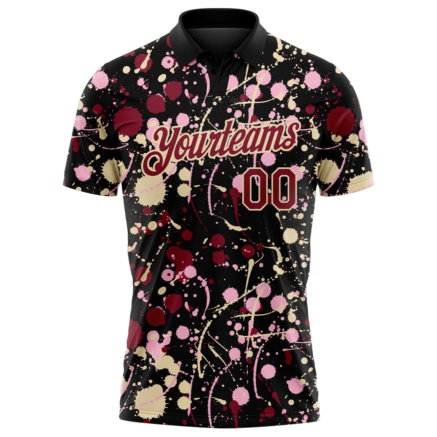 Custom Graffiti Pattern Crimson Black Cream-Light Pink Vibrant Multi-Color Abstract Splatter Performance Polo Shirt view 2