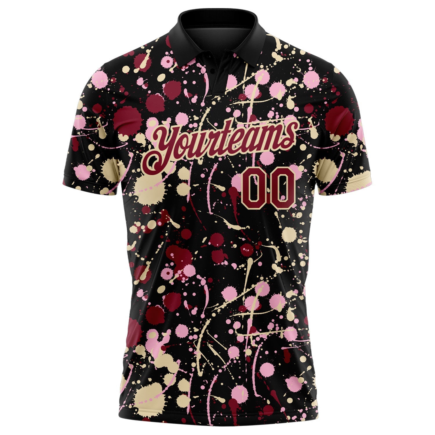 Custom Graffiti Pattern Crimson Black Cream-Light Pink Vibrant Multi-Color Abstract Splatter Performance Polo Shirt view 2
