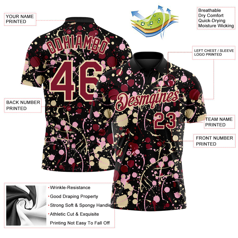 Custom Graffiti Pattern Crimson Black Cream-Light Pink Vibrant Multi-Color Abstract Splatter Performance Polo Shirt view 3
