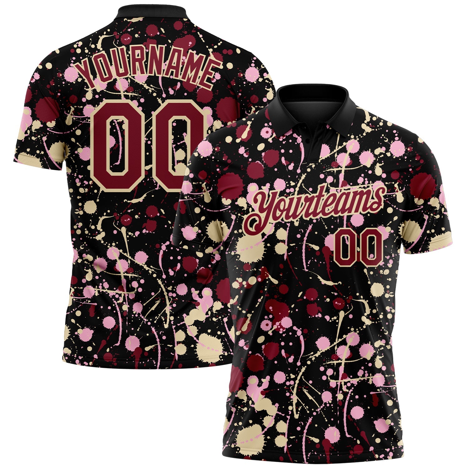 Custom Graffiti Pattern Crimson Black Cream-Light Pink Vibrant Multi-Color Abstract Splatter Performance Polo Shirt - Main View