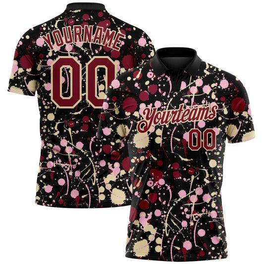 Custom Graffiti Pattern Crimson Black Cream-Light Pink Vibrant Multi-Color Abstract Splatter Performance Polo Shirt - Main View