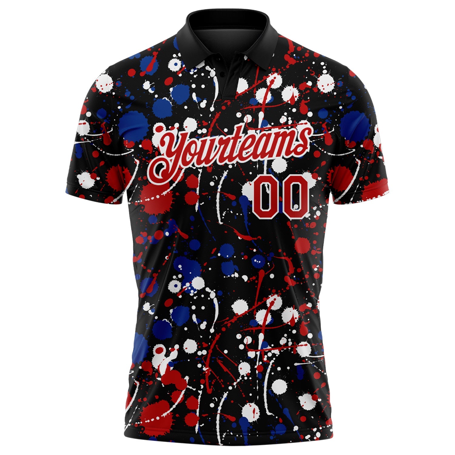 Custom Graffiti Pattern Red Black Royal-White Vibrant Multi-Color Abstract Splatter Performance Polo Shirt view 2