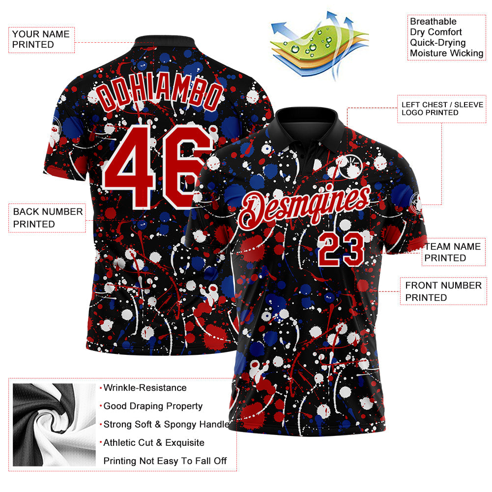 Custom Graffiti Pattern Red Black Royal-White Vibrant Multi-Color Abstract Splatter Performance Polo Shirt view 3