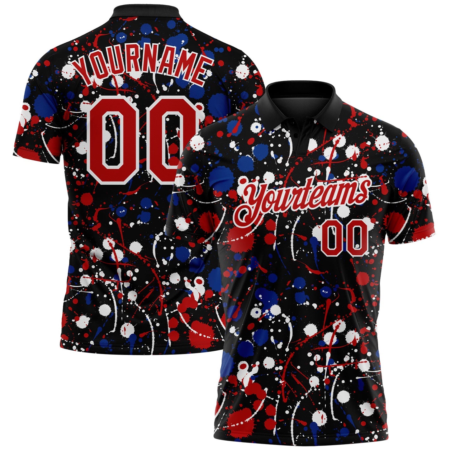 Custom Graffiti Pattern Red Black Royal-White Vibrant Multi-Color Abstract Splatter Performance Polo Shirt - Main View