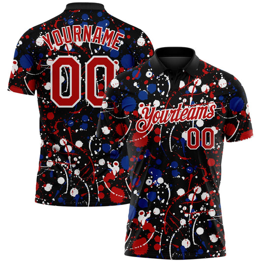 Custom Graffiti Pattern Red Black Royal-White Vibrant Multi-Color Abstract Splatter Performance Polo Shirt - Main View