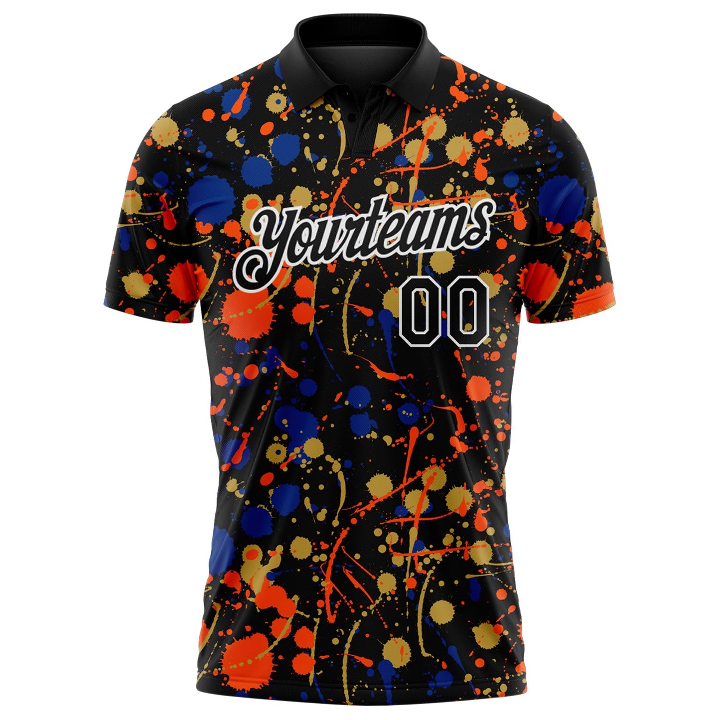 Custom Graffiti Pattern Black Royal Orange Old Gold-White Vibrant Multi-Color Abstract Splatter Performance Polo Shirt view 2