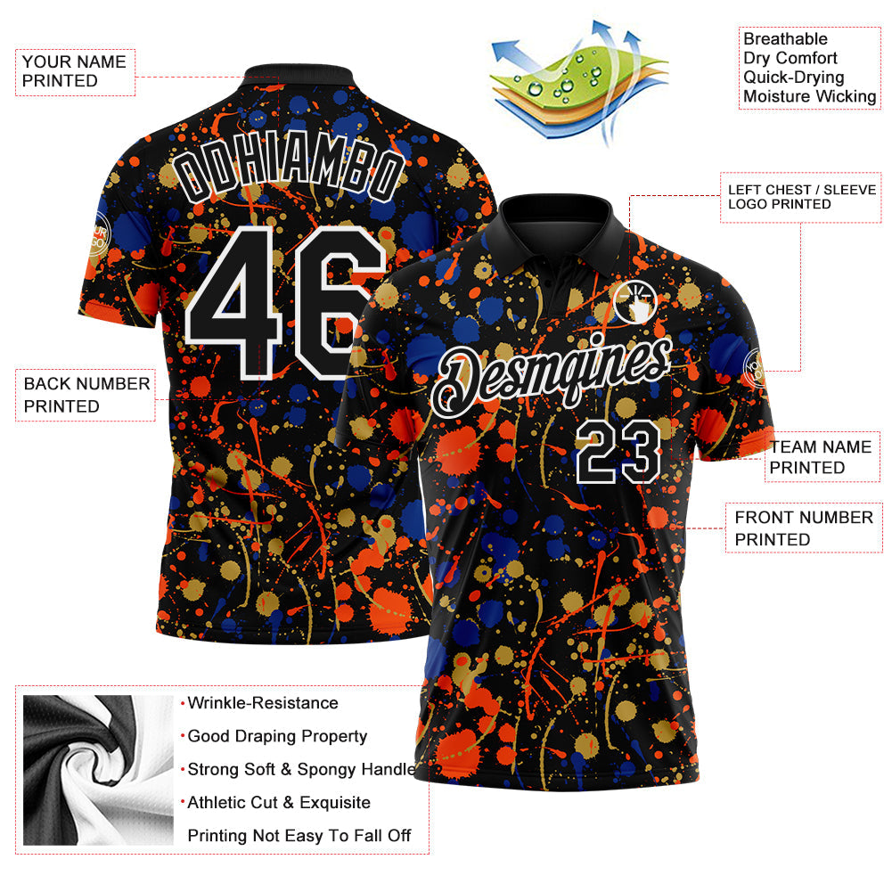 Custom Graffiti Pattern Black Royal Orange Old Gold-White Vibrant Multi-Color Abstract Splatter Performance Polo Shirt view 3