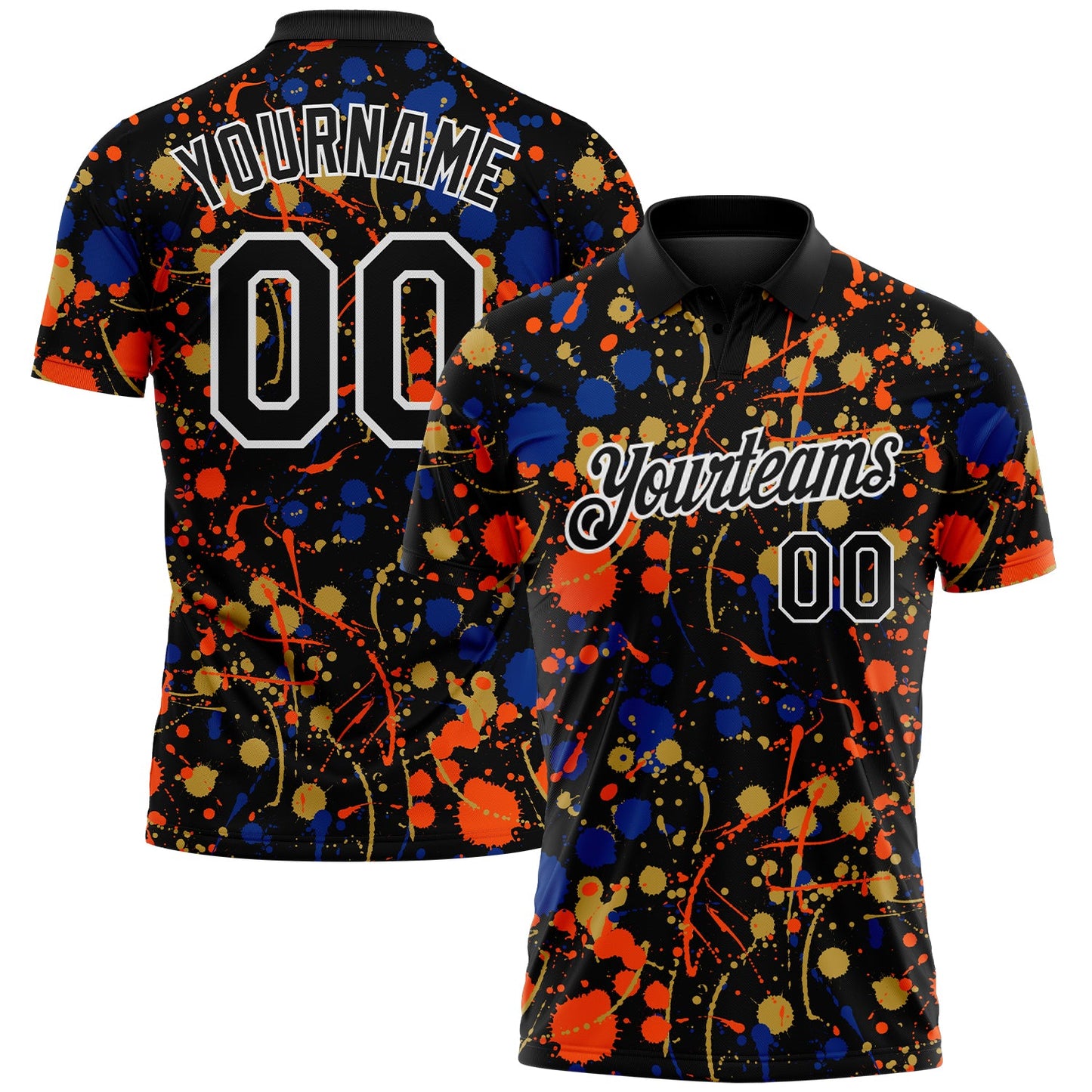 Custom Graffiti Pattern Black Royal Orange Old Gold-White Vibrant Multi-Color Abstract Splatter Performance Polo Shirt - Main View