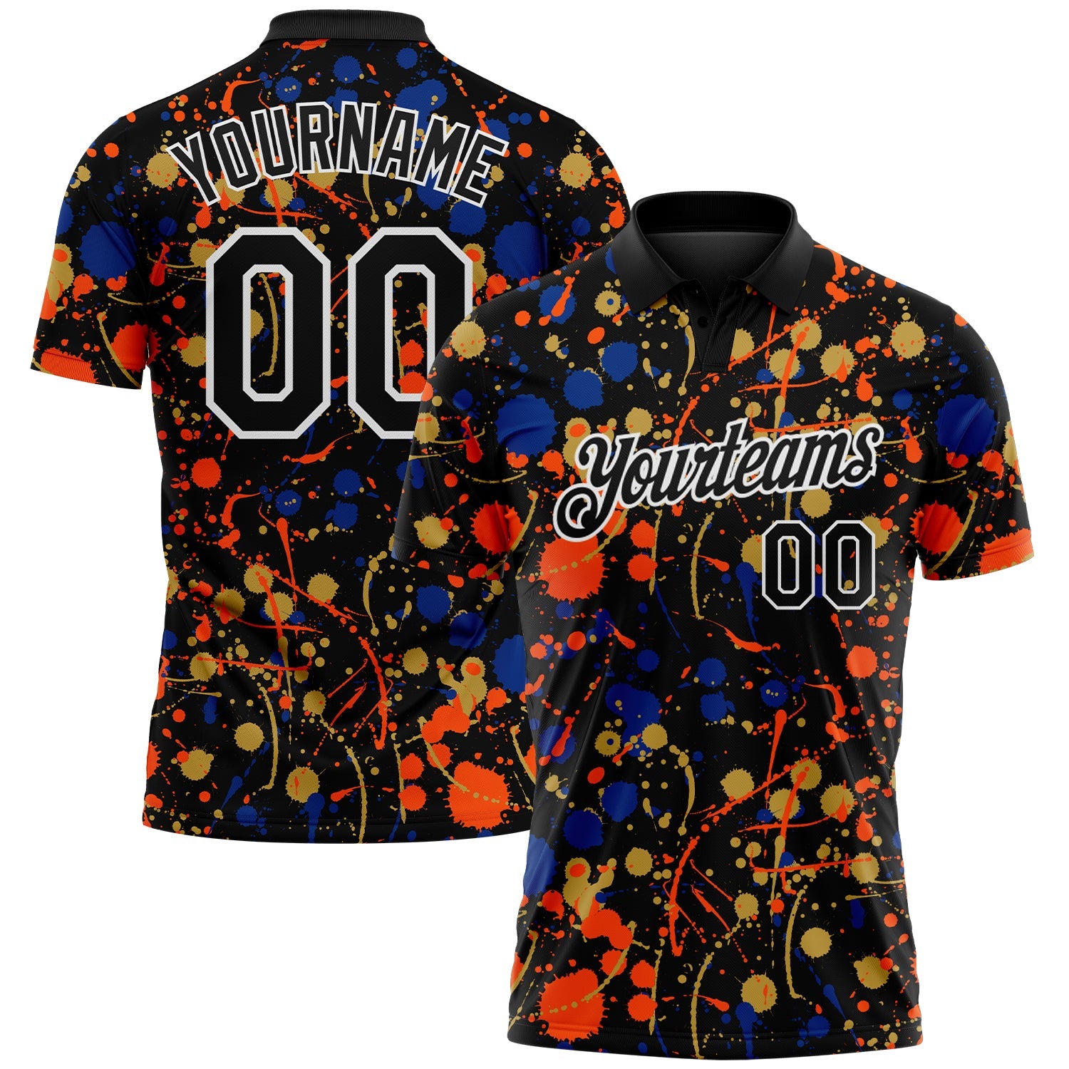 Custom Graffiti Pattern Black Royal Orange Old Gold-White Vibrant Multi-Color Abstract Splatter Performance Polo Shirt - Main View