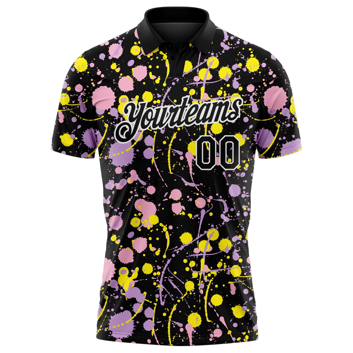 Custom Graffiti Pattern Black Light Pink Light Purple Light Yellow-White Vibrant Multi-Color Abstract Splatter Performance Polo Shirt view 2