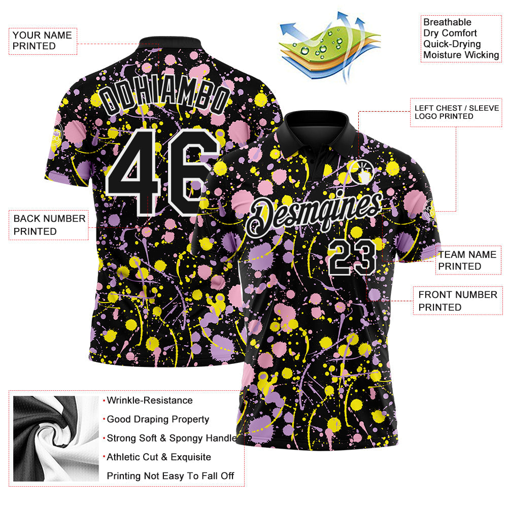 Custom Graffiti Pattern Black Light Pink Light Purple Light Yellow-White Vibrant Multi-Color Abstract Splatter Performance Polo Shirt view 3