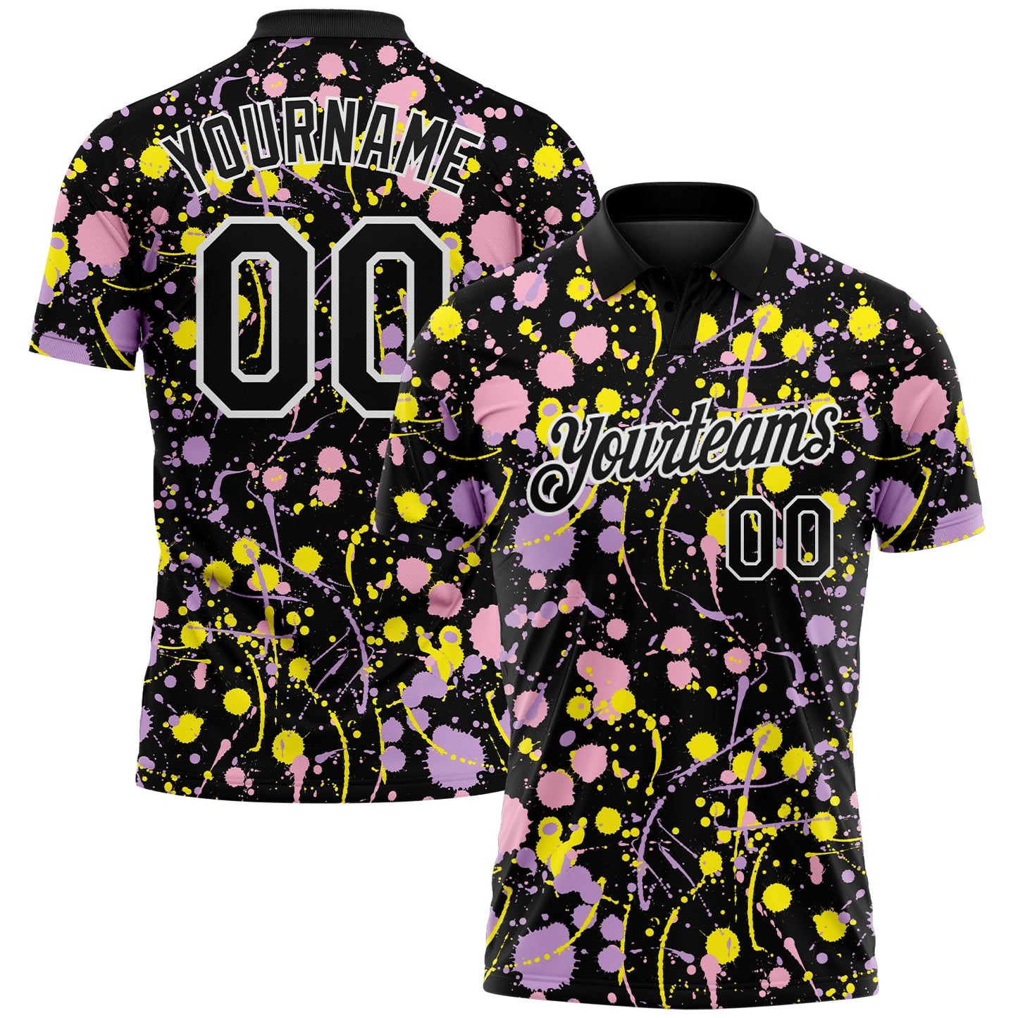 Custom Graffiti Pattern Black Light Pink Light Purple Light Yellow-White Vibrant Multi-Color Abstract Splatter Performance Polo Shirt - Main View
