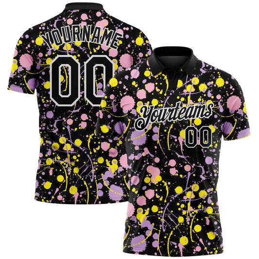Custom Graffiti Pattern Black Light Pink Light Purple Light Yellow-White Vibrant Multi-Color Abstract Splatter Performance Polo Shirt - Main View