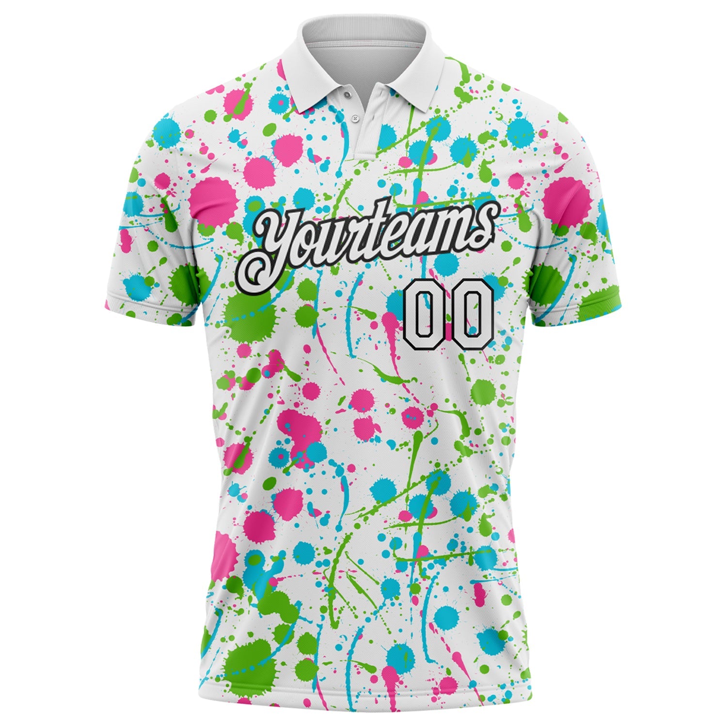 Custom Graffiti Pattern White Pink Aurora Green Lakes Blue-Black Vibrant Multi-Color Abstract Splatter Performance Polo Shirt view 2
