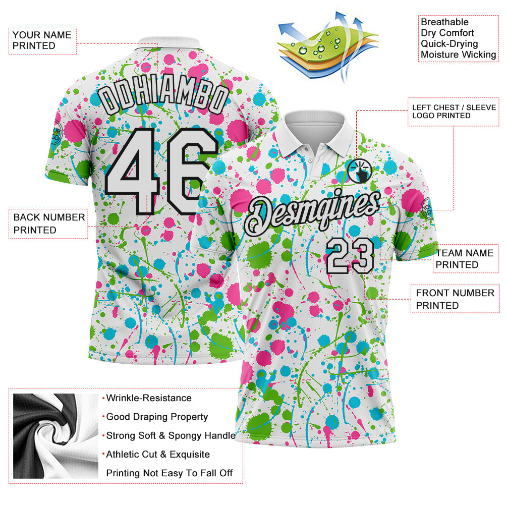 Custom Graffiti Pattern White Pink Aurora Green Lakes Blue-Black Vibrant Multi-Color Abstract Splatter Performance Polo Shirt view 3