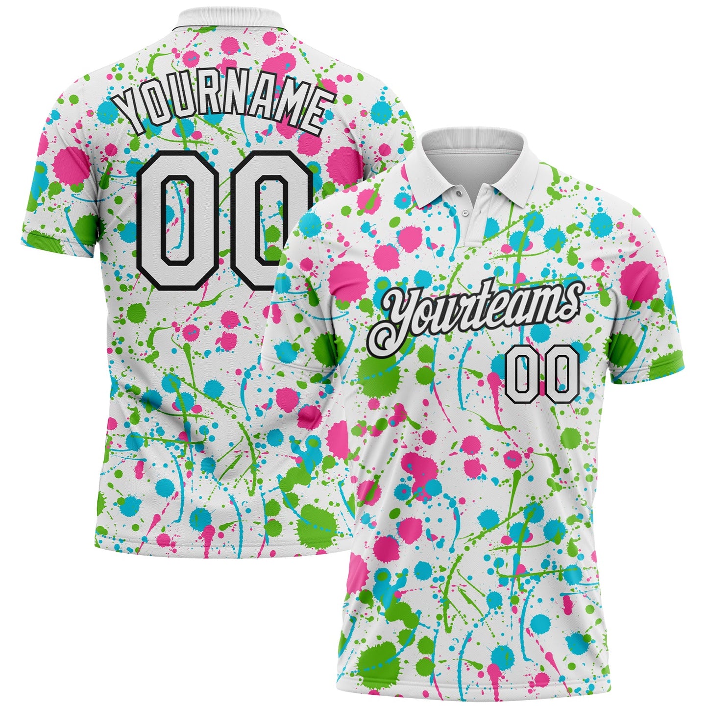 Custom Graffiti Pattern White Pink Aurora Green Lakes Blue-Black Vibrant Multi-Color Abstract Splatter Performance Polo Shirt - Main View