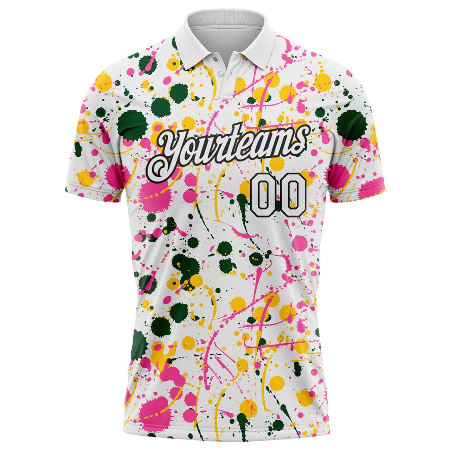 Custom Graffiti Pattern White Green Pink Yellow-Black Vibrant Multi-Color Abstract Splatter Performance Polo Shirt view 2