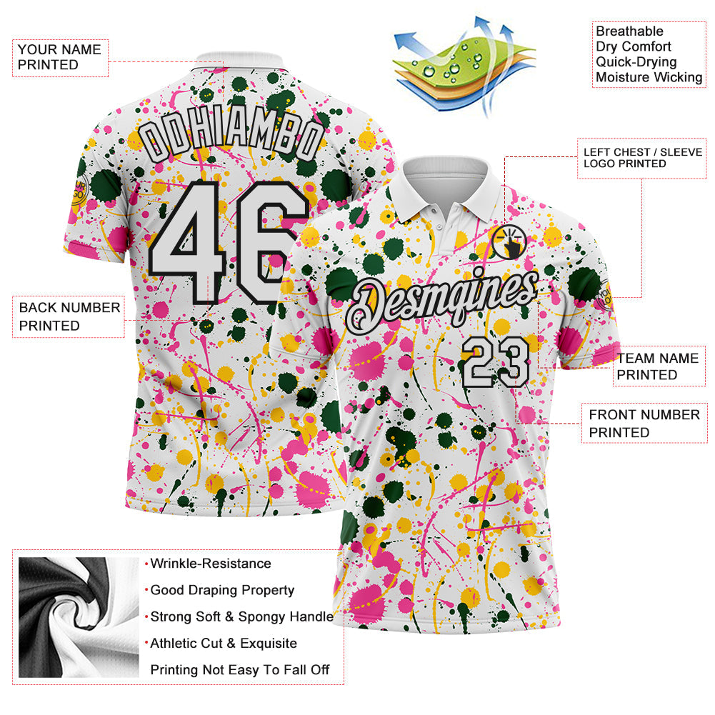 Custom Graffiti Pattern White Green Pink Yellow-Black Vibrant Multi-Color Abstract Splatter Performance Polo Shirt view 3