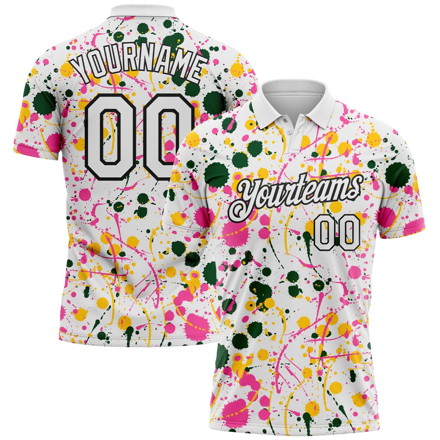 Custom Graffiti Pattern White Green Pink Yellow-Black Vibrant Multi-Color Abstract Splatter Performance Polo Shirt - Main View