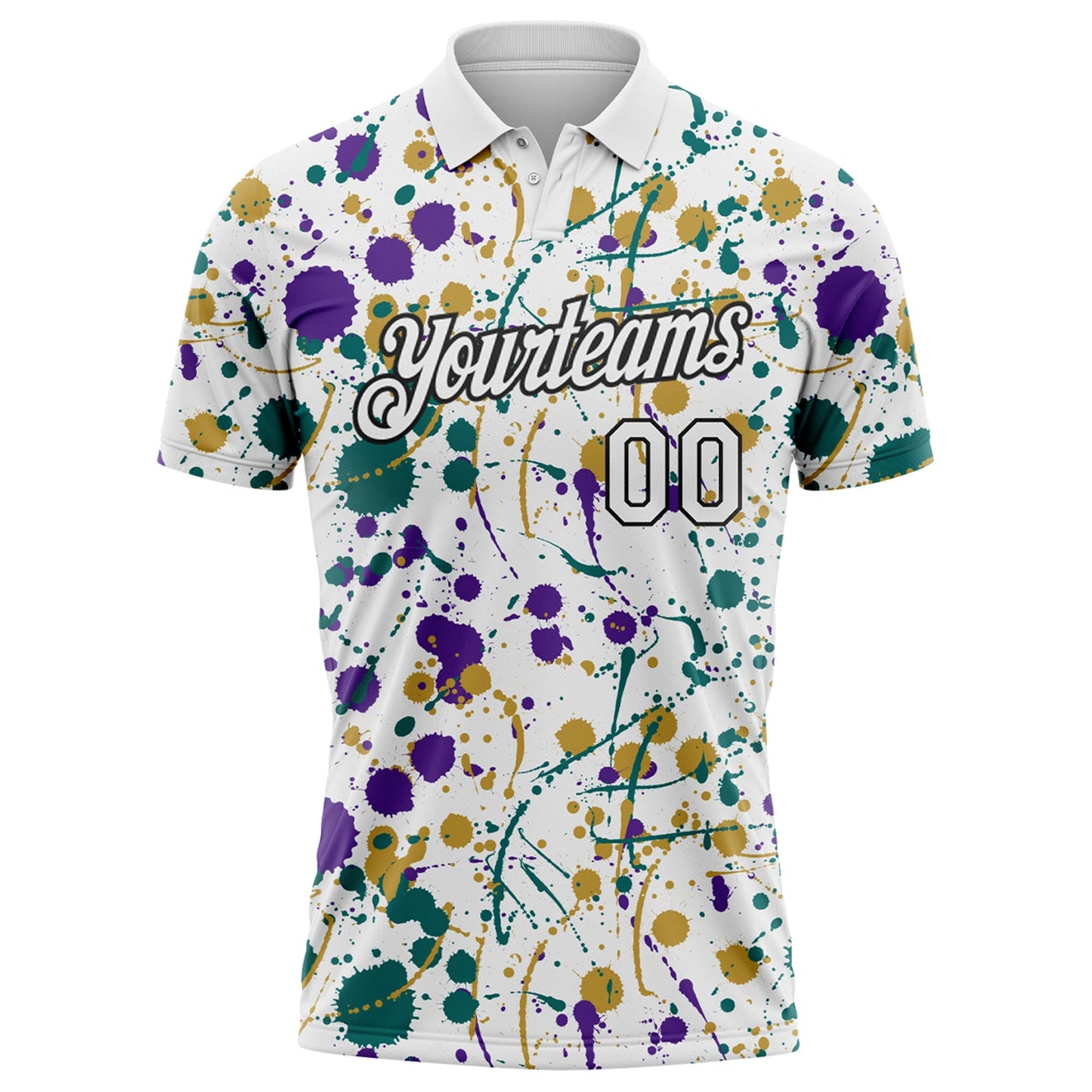 Custom Graffiti Pattern White Purple Teal Old Gold-Black Vibrant Multi-Color Abstract Splatter Performance Polo Shirt view 2