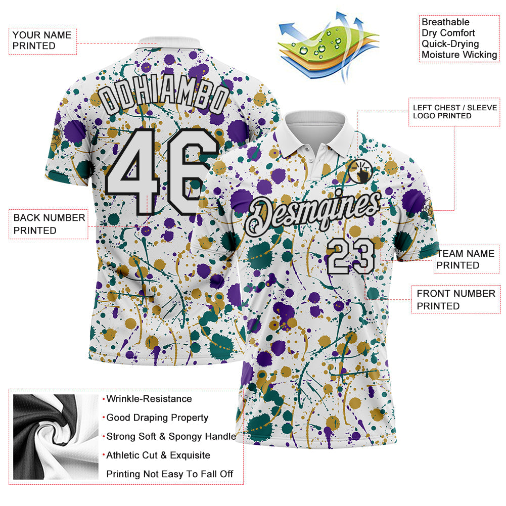 Custom Graffiti Pattern White Purple Teal Old Gold-Black Vibrant Multi-Color Abstract Splatter Performance Polo Shirt view 3