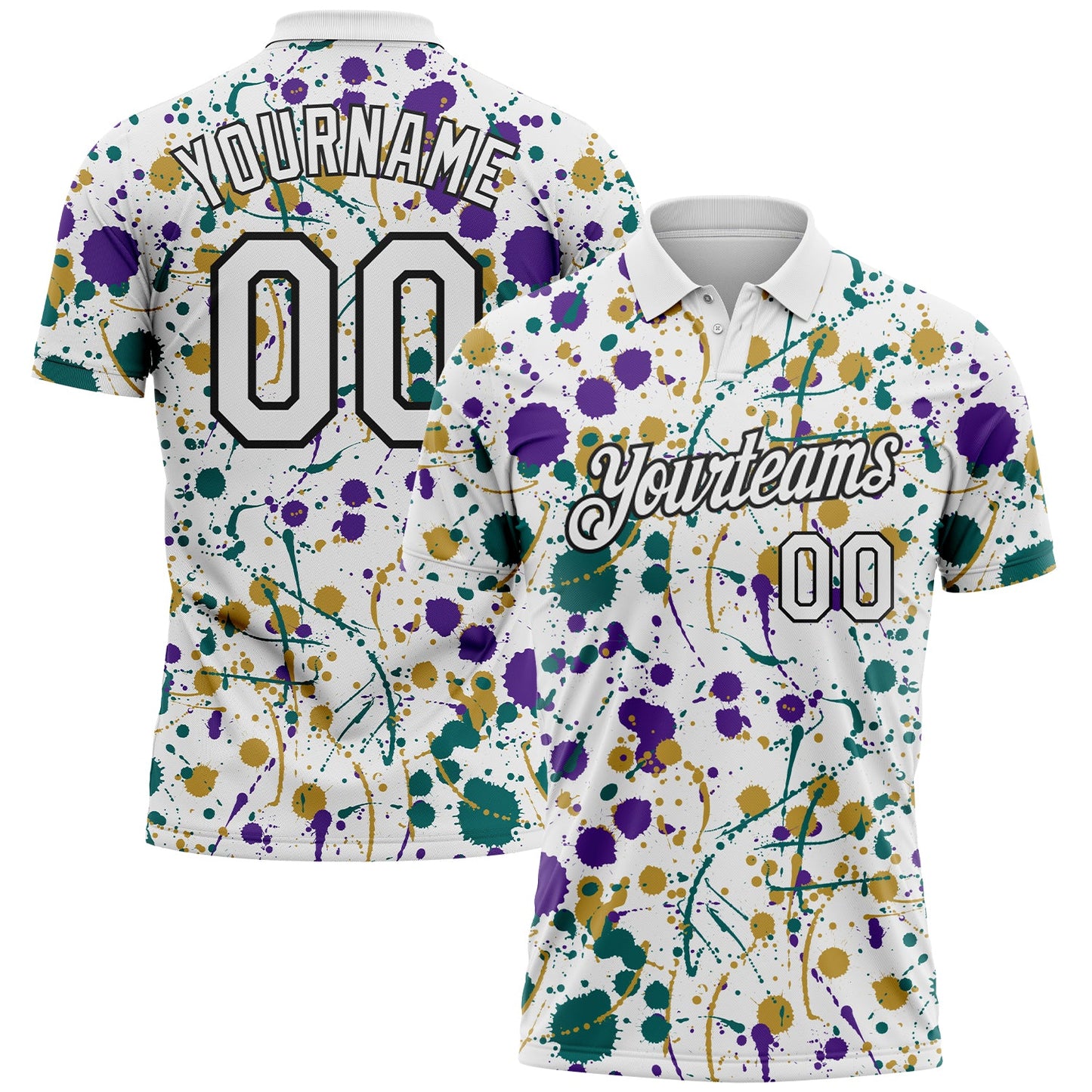 Custom Graffiti Pattern White Purple Teal Old Gold-Black Vibrant Multi-Color Abstract Splatter Performance Polo Shirt - Main View