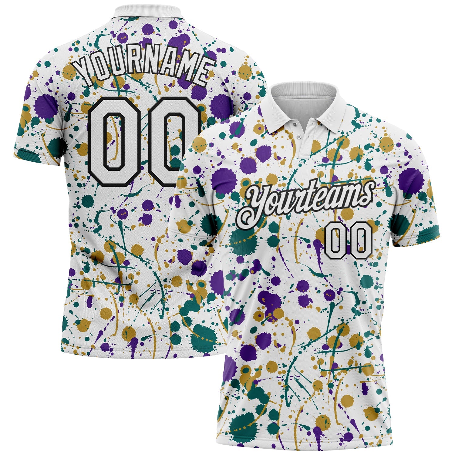 Custom Graffiti Pattern White Purple Teal Old Gold-Black Vibrant Multi-Color Abstract Splatter Performance Polo Shirt - Main View
