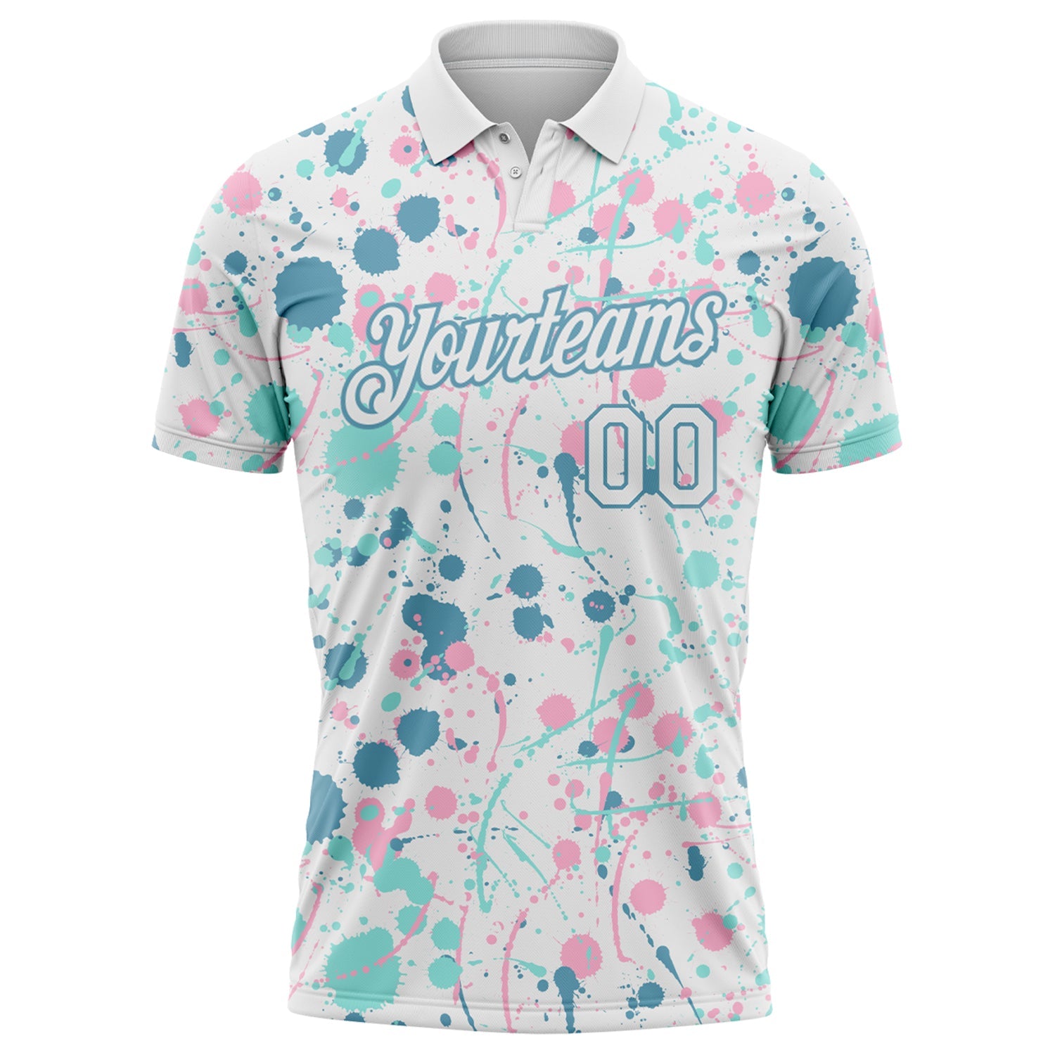 Custom Graffiti Pattern White Shadow Blue Ice Blue-Light Pink Vibrant Multi-Color Abstract Splatter Performance Polo Shirt view 2